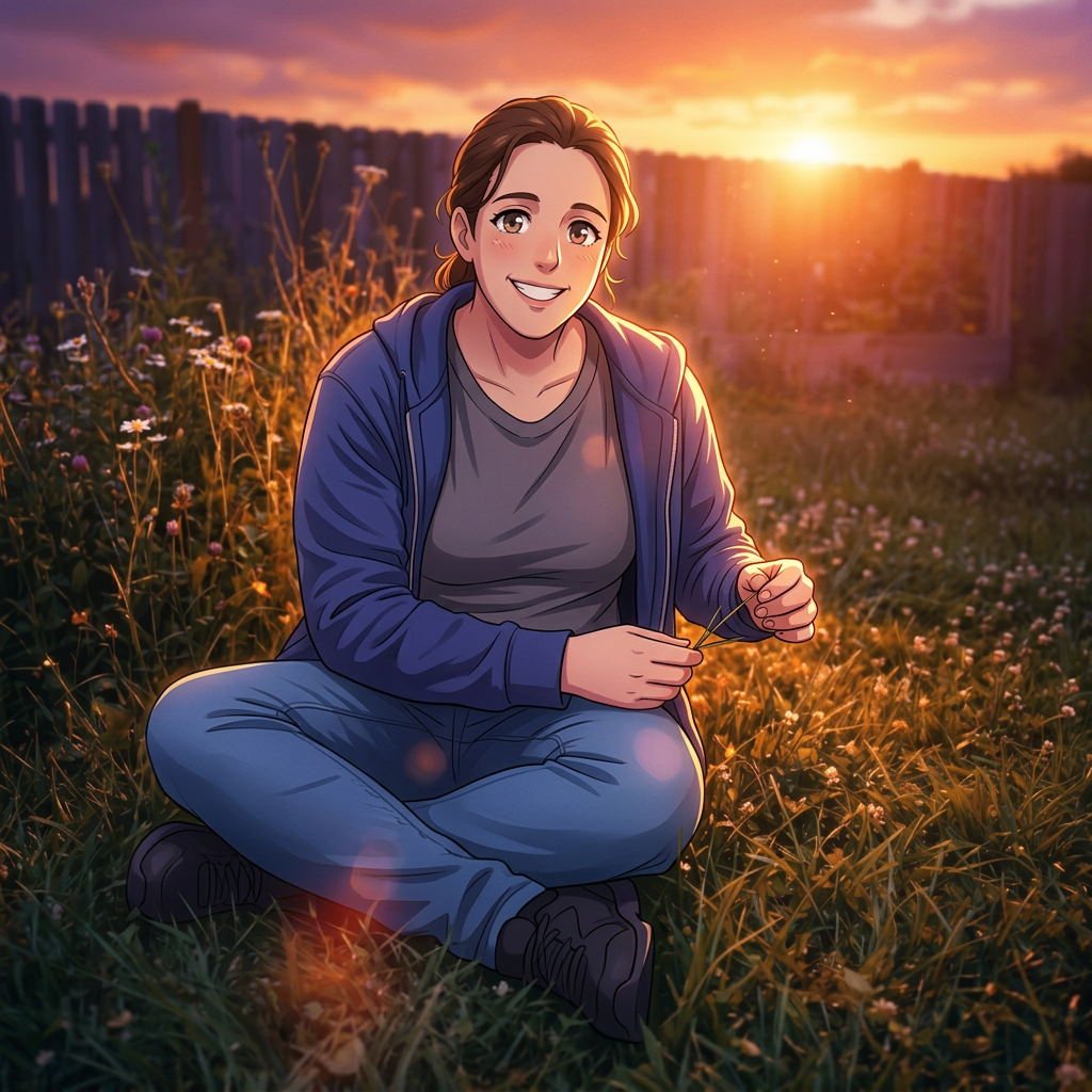 Person sitting cross-legged in garden at sunset with flowers and fence